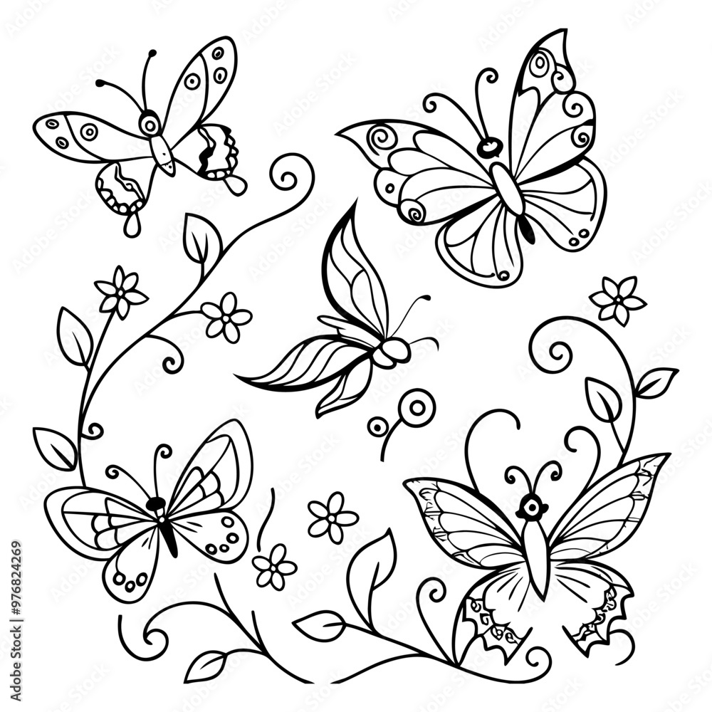 Fototapeta premium Hand draw butterfly and flower outline illustration for colouring book