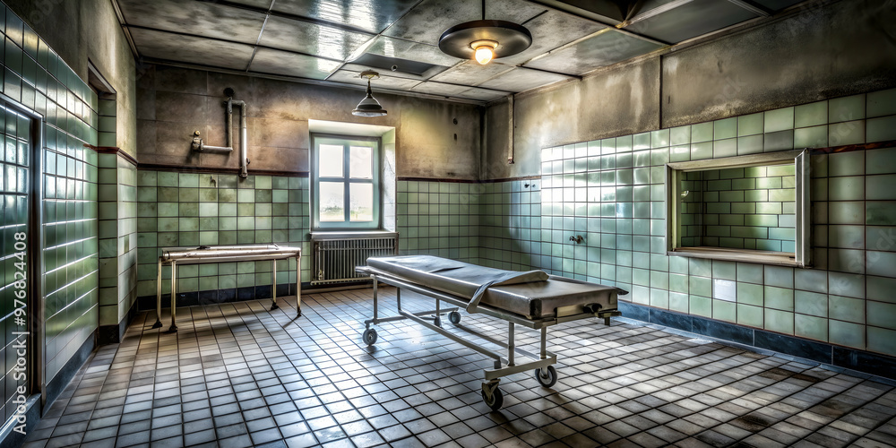 Creepy abandoned mortuary room in a psychiatric hospital, dark, eerie