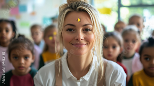 A smiling teacher wearing a star sticker sits in front of her class of engaged students during a bright day in the classroom