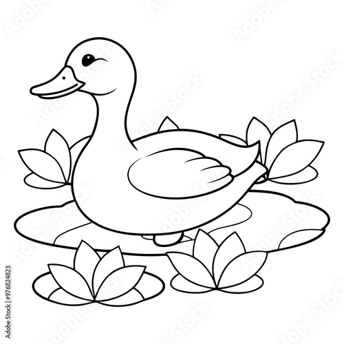 A duck in pond outline illustration for colouring book