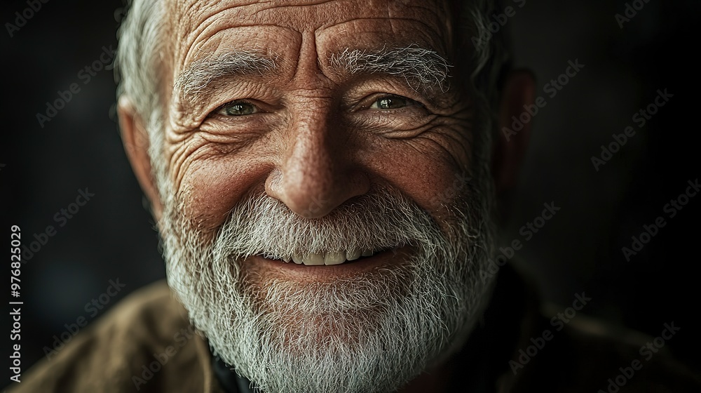Close-up portrait of an elderly man with a grey beard, smiling warmly against a dark background, showing deep wrinkles and emotion in his eyes and face. Close-up portrait of an elderly man with a grey beard, smiling warmly against a dark background, showing deep wrinkles and emotion in his eyes and face.