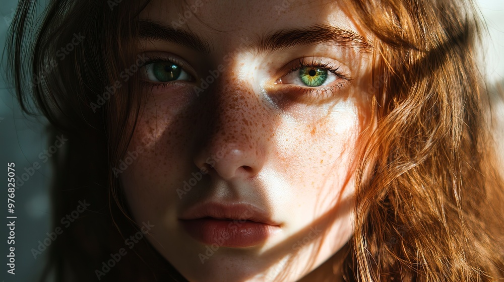 A close-up portrait of a woman with green eyes and freckles, illuminated by sunlight streaming through a window. Her hair is long and brown, partially covering her face
