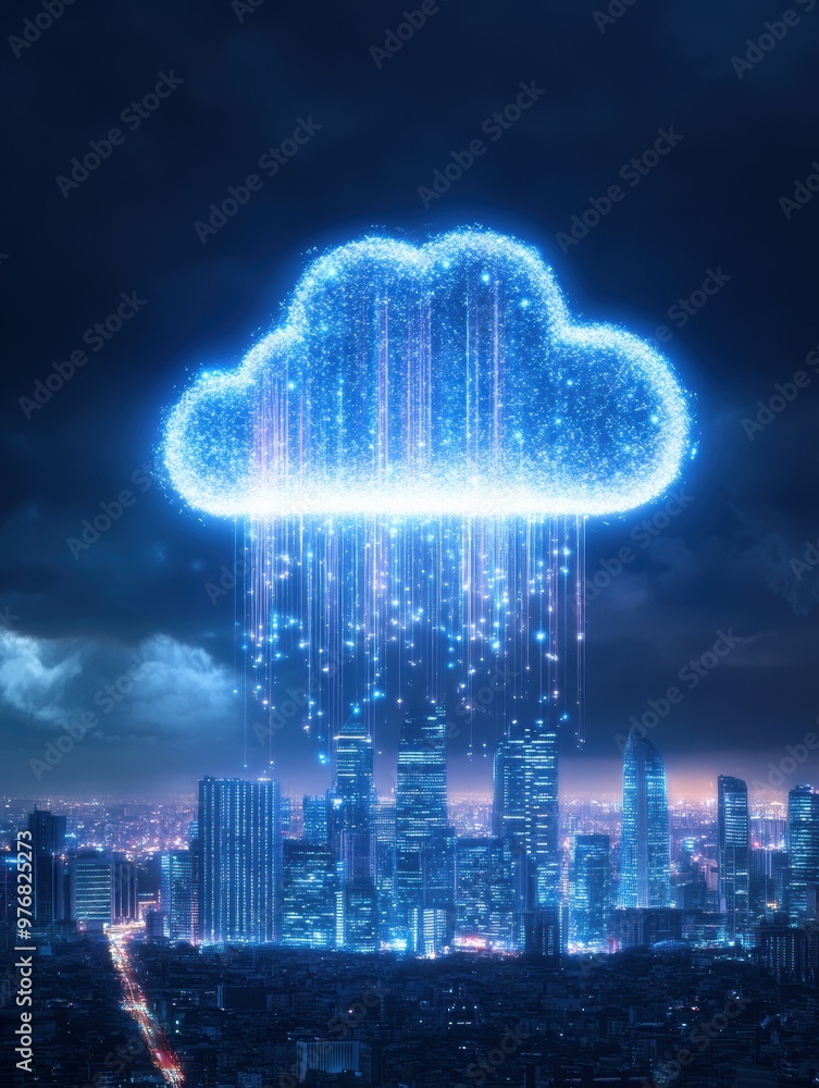 Floating data cloud over city with connections
Floating data cloud over city with connections