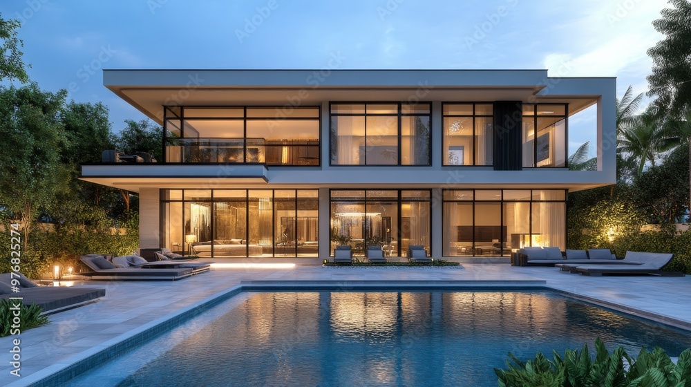 Modern Luxury Villa with Swimming Pool at Dusk Modern Luxury Villa with Swimming Pool at Dusk