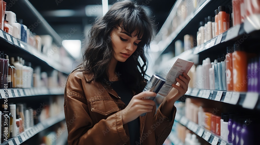 A stylish woman with dark, wavy hair selects a haircare product, carefully reading the label of a metallic bottle in a well-lit store aisle. A stylish woman with dark, wavy hair selects a haircare product, carefully reading the label of a metallic bottle in a well-lit store aisle.