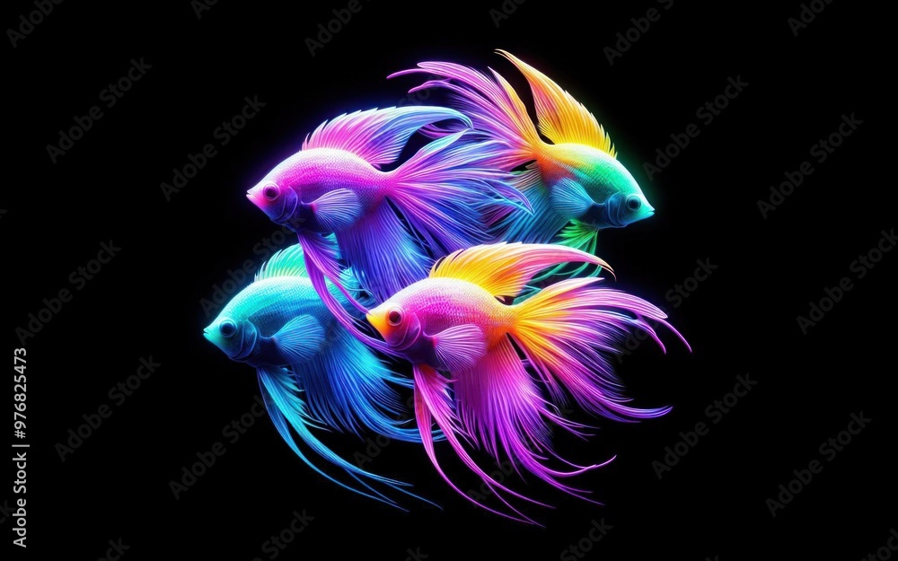 Obraz premium Fluorescent fish swim in a group. Illustration of an aquarium or underwater world
