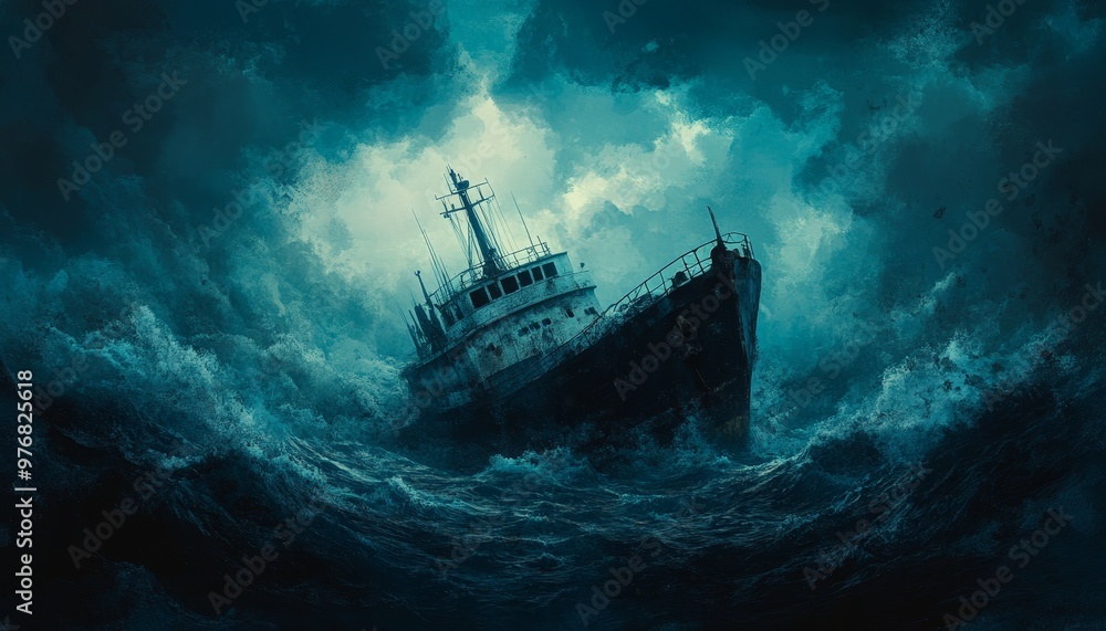 Fototapeta premium Stranded at Sea - Dramatic Shipwreck Survivor Concept Illustration with Copy Space for Text