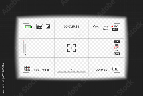 Camera viewfinder video or photo frame recorder flat style design vector illustration. Digital camera viewfinder with exposure settings and focusing grid template.