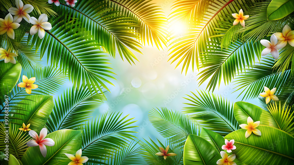 Tropical palm leaves and flowers with sunlight, creating a trendy summer frame background with space for text, Tropical Tropical palm leaves and flowers with sunlight, creating a trendy summer frame background with space for text, Tropical