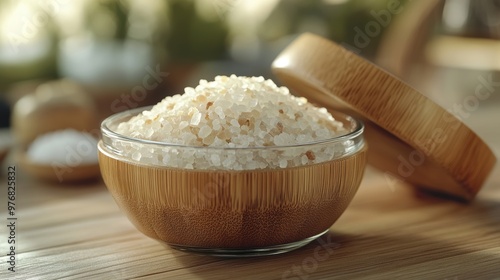 glass jar with wooden lid holding celtic sea salt, ideal for health-conscious individuals embracing natural and essential salts great for health photo