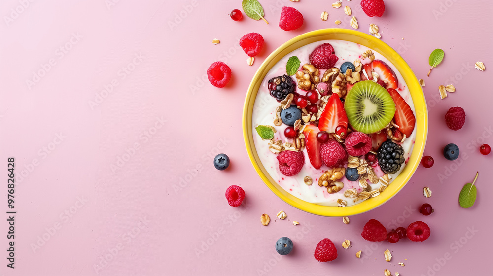 Breakfast Dessert with Yogurt, Berries, and Walnuts on Pink Background Breakfast Dessert with Yogurt, Berries, and Walnuts on Pink Background