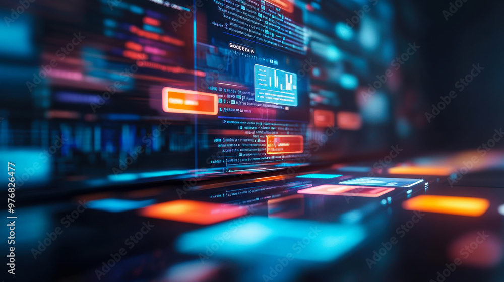 Colorful digital interface displaying complex data and analytics in a futuristic setting during nighttime Colorful digital interface displaying complex data and analytics in a futuristic setting during nighttime