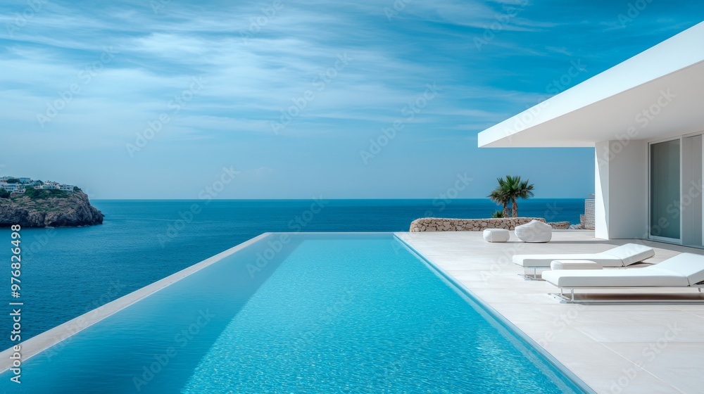 Fototapeta premium Modern Infinity Pool with Sea View and Loungers
