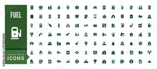 Fuel icons set. Oil pump and petrol icons with oil drop, tanker ship, glyph collection for web and ui. editable stroke. Solid icon set. Vector illustration.