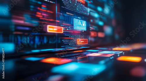 Wallpaper Mural Colorful digital interface displaying complex data and analytics in a futuristic setting during nighttime Torontodigital.ca