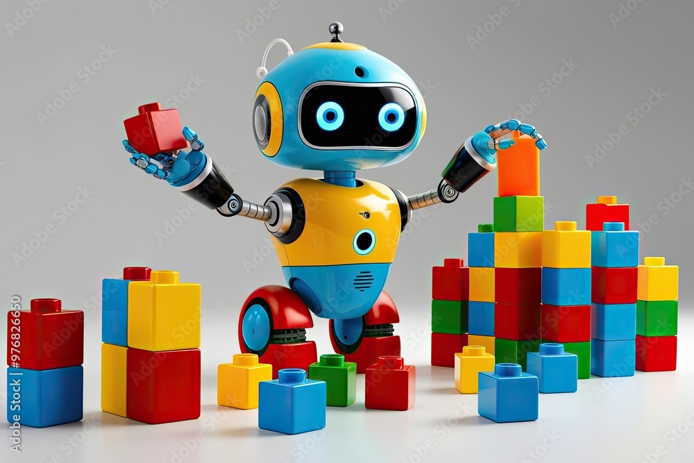3D Visualization of a Whimsical Robot Playing with Colorful Building Blocks in a Creative and Playful Tech Concept 3D Visualization of a Whimsical Robot Playing with Colorful Building Blocks in a Creative and Playful Tech Concept