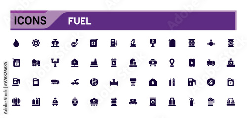 Fuel icons set. Oil pump and petrol icons with oil drop, tanker ship, glyph collection for web and ui. editable stroke. Solid icon set. Vector illustration.