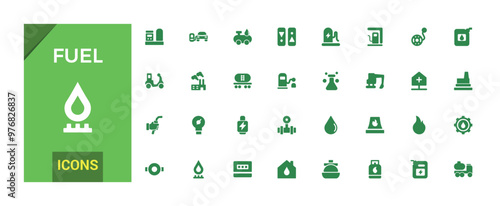 Fuel icons set. Oil pump and petrol icons with oil drop, tanker ship, glyph collection for web and ui. editable stroke. Solid icon set. Vector illustration.