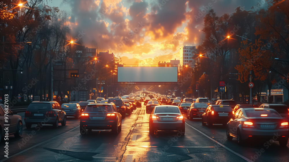 Obraz premium Cityscape with blank white poster mockup and busy traffic during twilight.