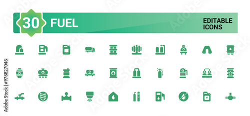 Fuel icons set. Oil pump and petrol icons with oil drop, tanker ship, glyph collection for web and ui. editable stroke. Solid icon set. Vector illustration.