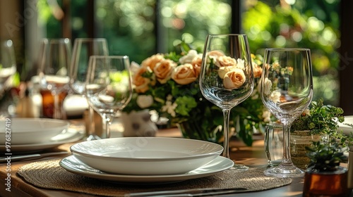 A set of dining plates and glasses arranged for a formal dinner