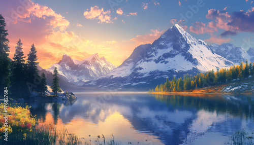 Nature Bliss: A serene mountain landscape with a lake reflecting the snowy peaks at sunrise