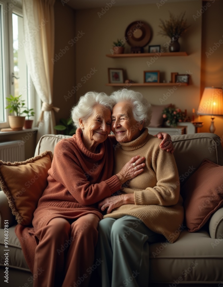 A heartwarming image of an elderly LGBT couple sitting together on a cozy couch, smiling and embracing each other in a warm, homely setting. Perfect for themes of love, companionship, and inclusivity. A heartwarming image of an elderly LGBT couple sitting together on a cozy couch, smiling and embracing each other in a warm, homely setting. Perfect for themes of love, companionship, and inclusivity.