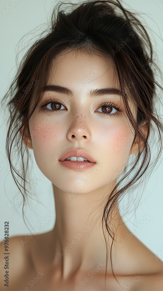 Naklejka premium Soft and Serene Portrait of a Freckled Woman with Brown Eyes