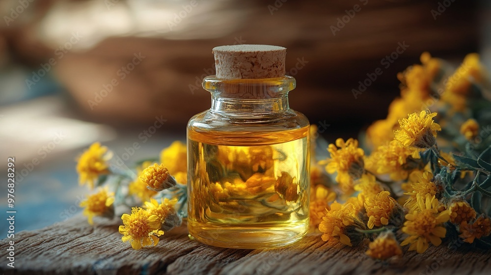 Yellow Flowers and Glass Bottle of Essential Oil Yellow Flowers and Glass Bottle of Essential Oil