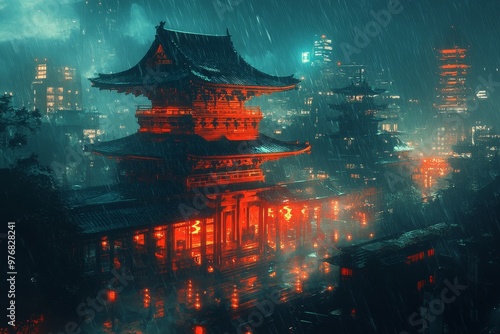 Neo Tokyo Cyber Temple - Japanese Abstract Illustration of Futuristic Cityscape at Night with Rain, Moody Atmosphere, 4k Wallpaper