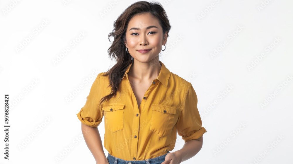 A woman wearing a yellow blouse smiles warmly while posing against a plain gray background in a casual indoor setting A woman wearing a yellow blouse smiles warmly while posing against a plain gray background in a casual indoor setting