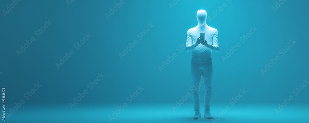 Digital Connection: Man Holding Mobile Phone in Stylish 3D Render with Copy Space for Text Digital Connection: Man Holding Mobile Phone in Stylish 3D Render with Copy Space for Text