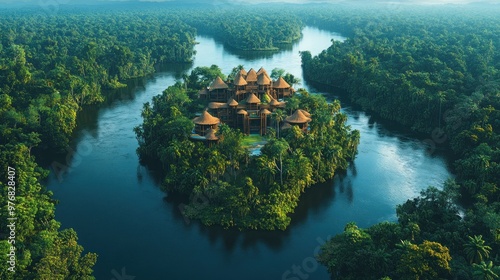 Aerial view of a tropical island resort surrounded by rivers.