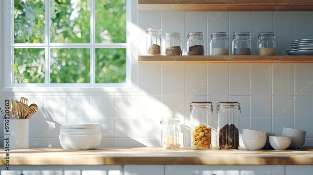 The kitchen features a pristine white interior, with clean, modern lines and a bright, airy feel. Glass jars neatly line the shelves, holding various food items and adding a touch of elegance to the s The kitchen features a pristine white interior, with clean, modern lines and a bright, airy feel. Glass jars neatly line the shelves, holding various food items and adding a touch of elegance to the s