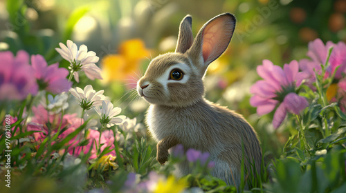 A rabbit hopping through a flower garden.