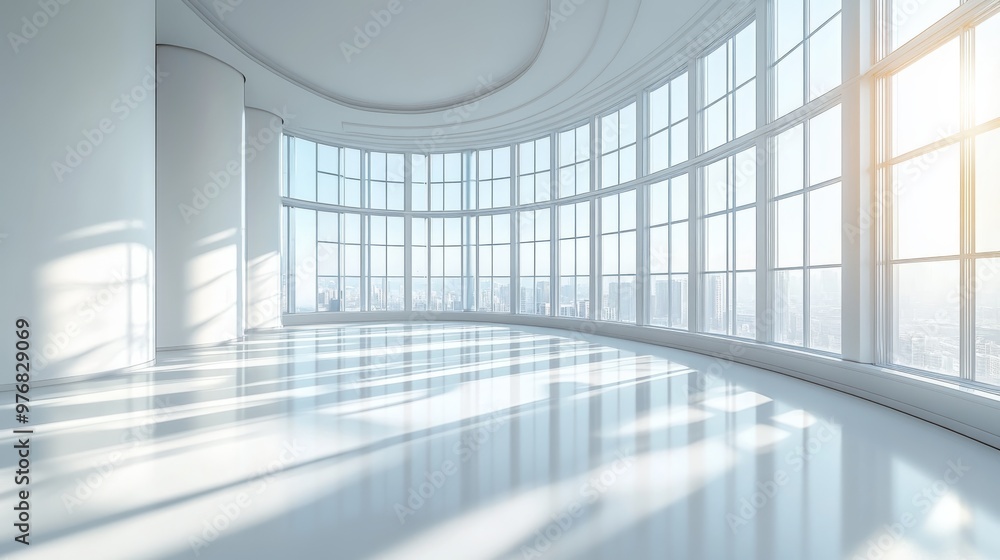 Obraz premium Modern Office Interior with Large Panoramic Windows and City View