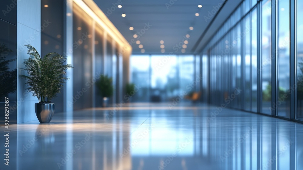 Modern Office Lobby Interior Design with Glass Walls and Plant Modern Office Lobby Interior Design with Glass Walls and Plant