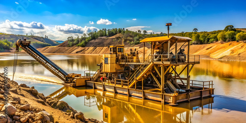 Industrial gold mining operation using a dredge to wash soil for extracting gold , gold, mining, industrial, operation photo