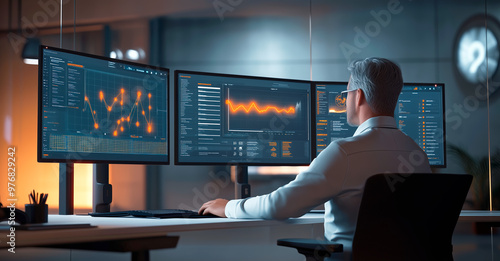 A man in his late forties, focused on analyzing data visualizations on three large monitors in a high-tech office environment