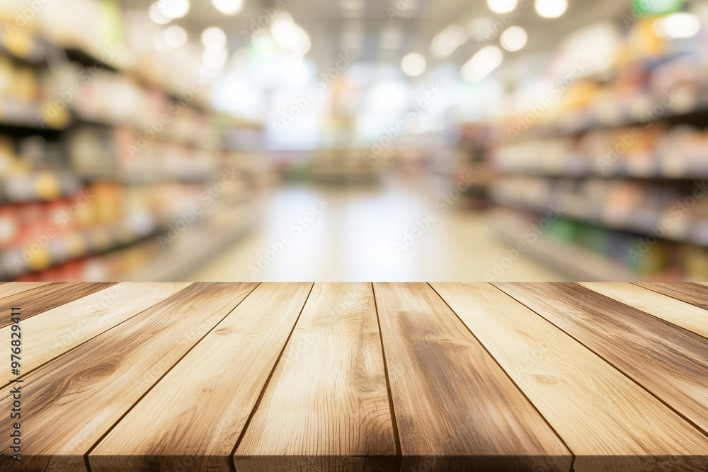 Empty wooden tabletop in the foreground with a soft-focus view of a supermarket aisle, perfect for product display and advertising visuals Empty wooden tabletop in the foreground with a soft-focus view of a supermarket aisle, perfect for product display and advertising visuals