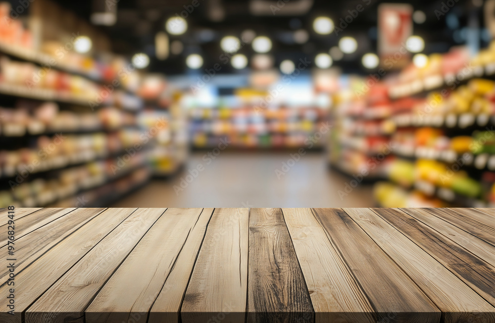Wooden tabletop in the foreground with a blurred supermarket aisle in the background, ideal for showcasing product displays and marketing visuals Wooden tabletop in the foreground with a blurred supermarket aisle in the background, ideal for showcasing product displays and marketing visuals