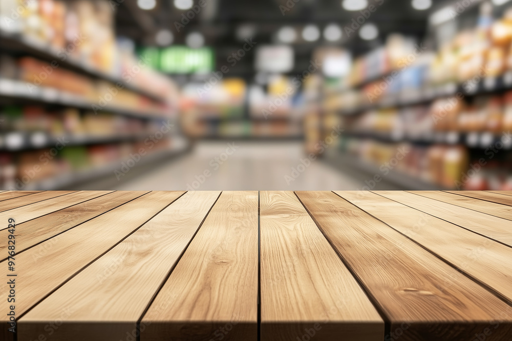 Empty wooden table with blurred grocery store shelves in the background. Product showcase and marketing concept for design and print. Retail environment with copy space Empty wooden table with blurred grocery store shelves in the background. Product showcase and marketing concept for design and print. Retail environment with copy space