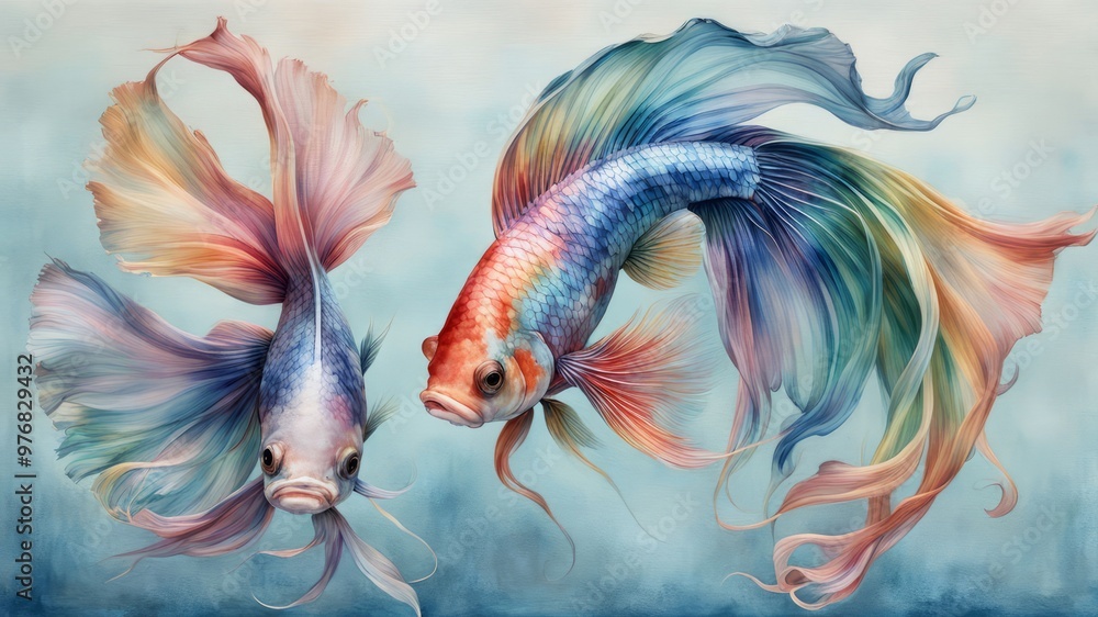 Fototapeta premium Beautiful watercolor painting of a Chinese fighting fish from the tip of a brush.