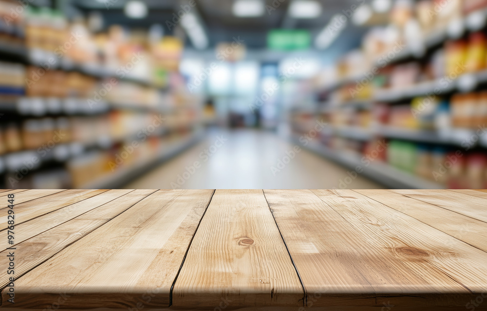 Wooden tabletop in the foreground with a blurred grocery store aisle in the background, perfect for product display mockups and advertising visuals Wooden tabletop in the foreground with a blurred grocery store aisle in the background, perfect for product display mockups and advertising visuals