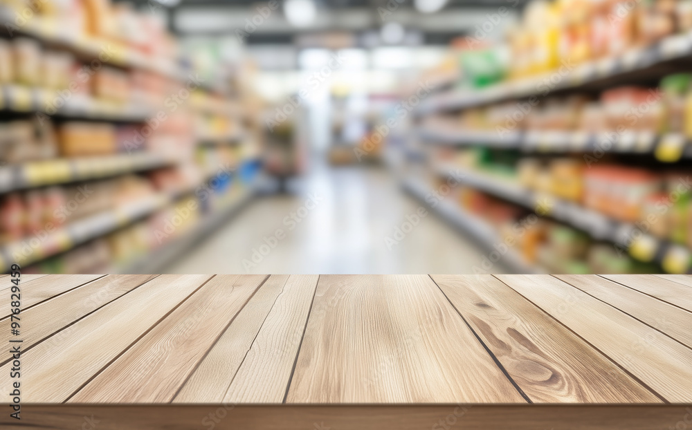 Wooden countertop surface in the foreground with a blurred background of a supermarket aisle filled with shelves and various products.
Wooden countertop surface in the foreground with a blurred background of a supermarket aisle filled with shelves and various products.