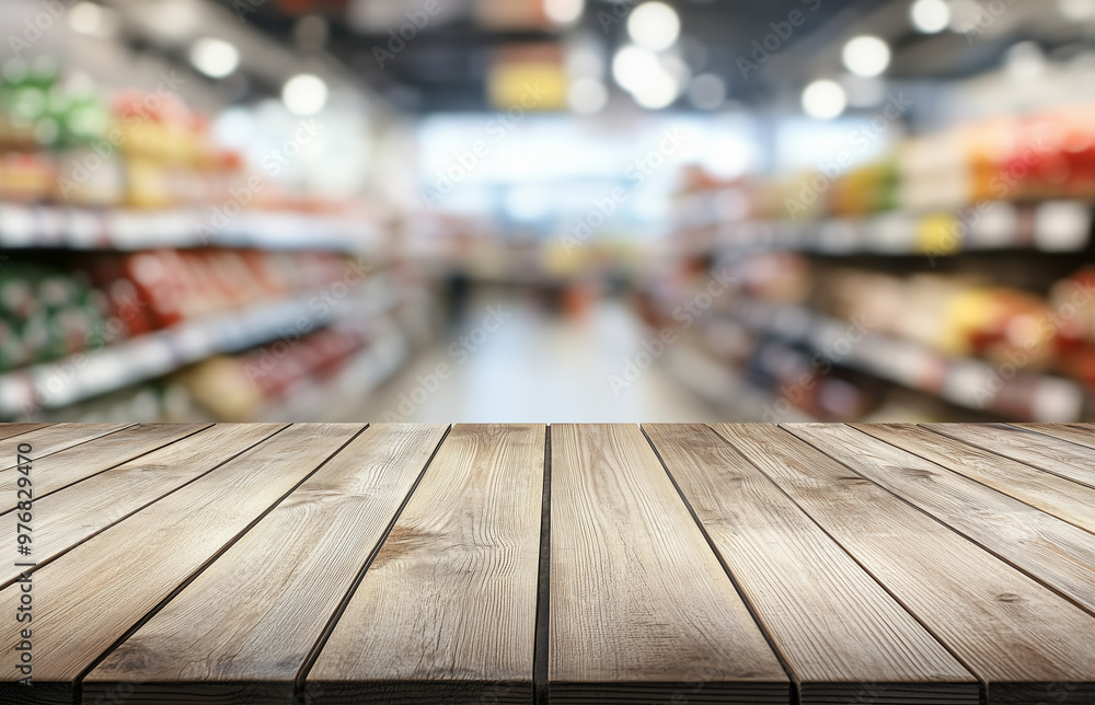 Empty wooden table with blurred shelves of a grocery store in the background. Product presentation and marketing concept for design and print. Retail and shopping environment with copy space Empty wooden table with blurred shelves of a grocery store in the background. Product presentation and marketing concept for design and print. Retail and shopping environment with copy space