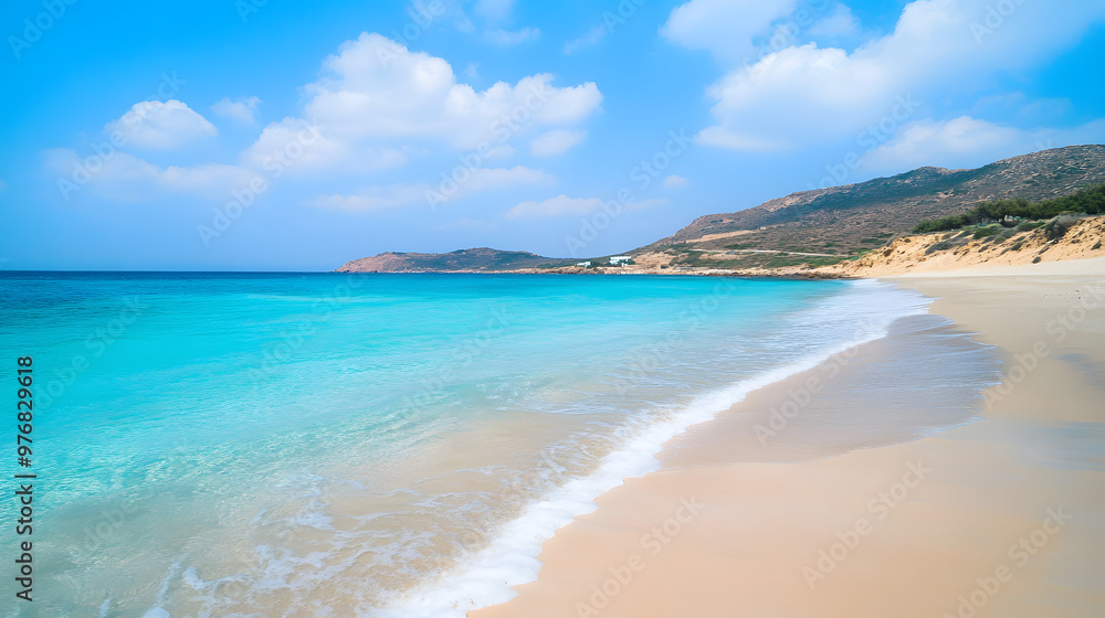Crystal-clear turquoise water laps against the golden sand, framed by lush tropical greenery and a vibrant blue sky Crystal-clear turquoise water laps against the golden sand, framed by lush tropical greenery and a vibrant blue sky