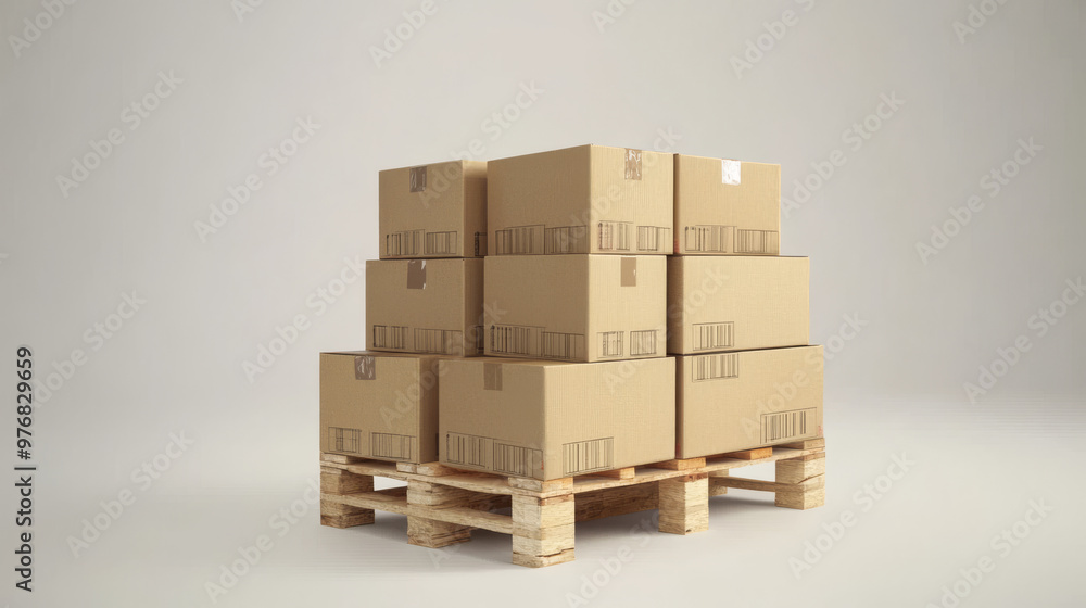Several carton boxes are evenly stacked on a double-decked pallet in a 3D rendering, isolated against a white background. The arrangement highlights packaging and delivery processes, representing carg
