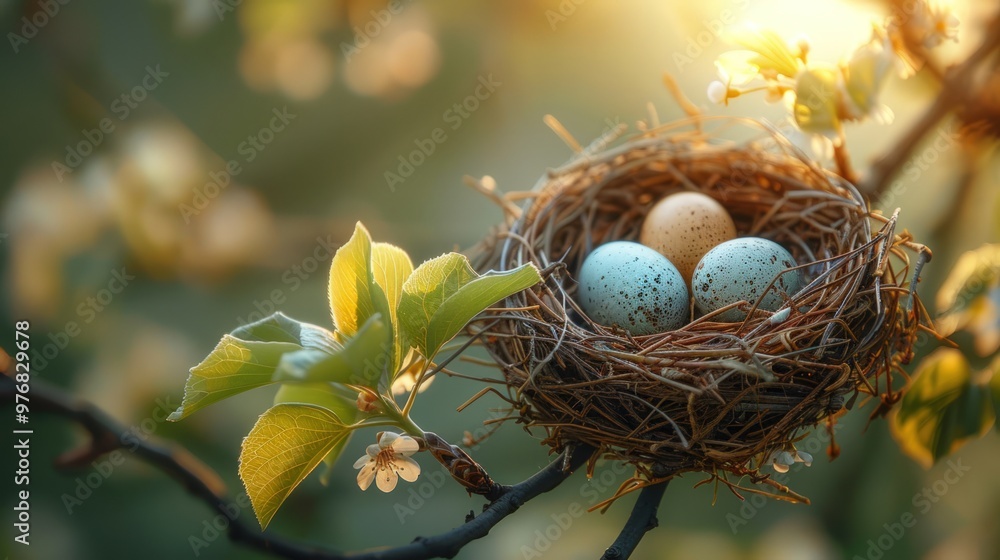 Bird's nest with eggs in a blooming tree. Bird's nest with eggs in a blooming tree.
