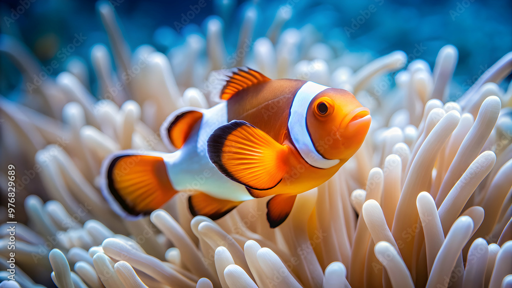 Cute white clownfish (Nemo) swimming in the ocean, ocean, underwater, marine life, fish, colorful, coral, reef, swimming Cute white clownfish (Nemo) swimming in the ocean, ocean, underwater, marine life, fish, colorful, coral, reef, swimming